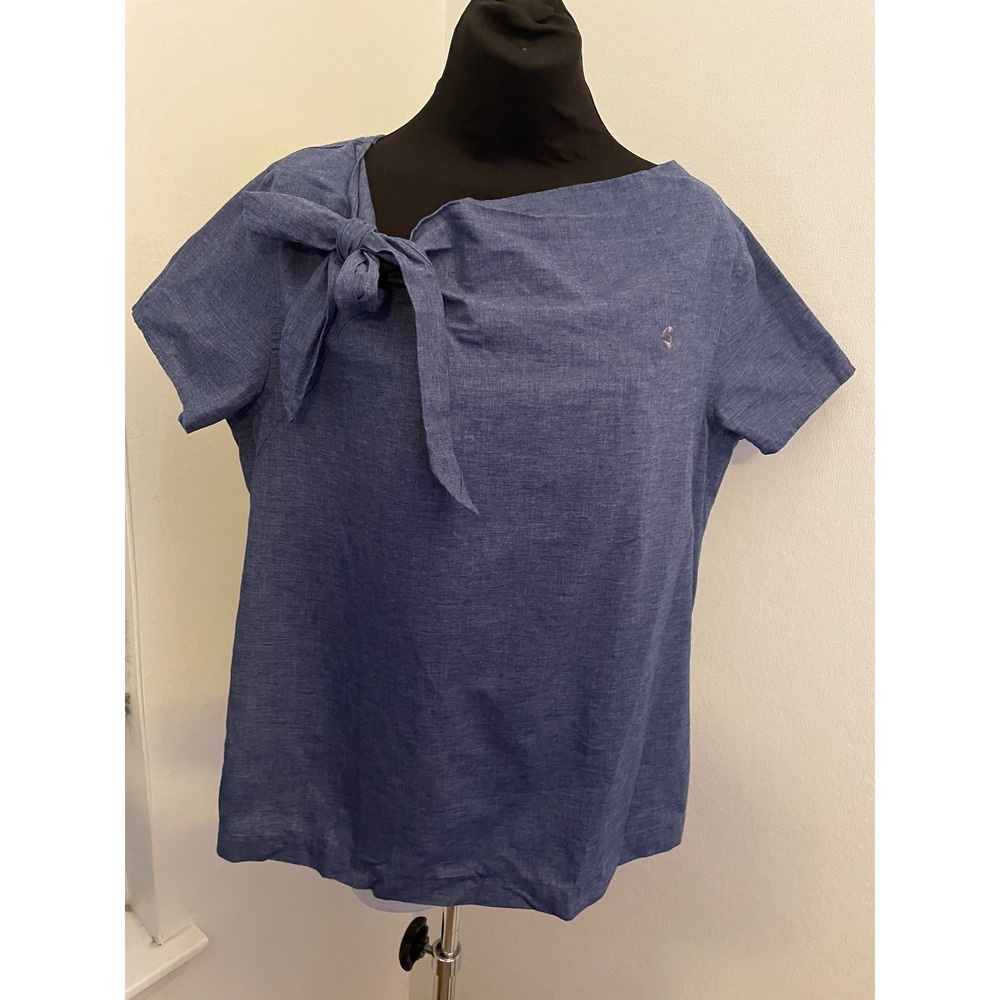 Lands End Womens Blue Linen Blend Side Tie Neck Short Sleeve Blouse Top‎ Size 12
